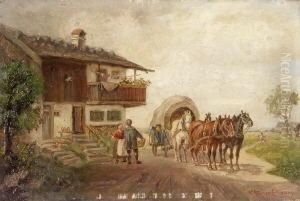 Vierspanniger Planwagen Vor Einem
 Bauernhaus.
