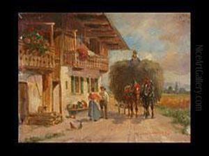Heuerntewagen Vor Einem Bauernhof by Ludwig Muller-Cornelius