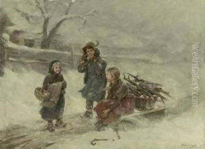 Drei Kinder Auf Verschneiter Dorfstrase by Albert Muller-Lingke