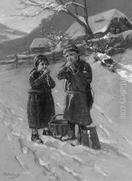 "warmende Blicke: Zwei
 Kinder In Winterlandschaft". Sign. Ol Auf Lwd. 51,5 X 38,5 Cm.
 Rahmen - view 1