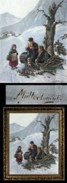 Zwei Kinder, Hund Und Grosvater Rasten In Verschneiter - view 1