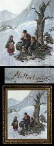 Zwei Kinder, Hund Und Grosvater Rasten In Verschneiter by Albert Muller-Lingke