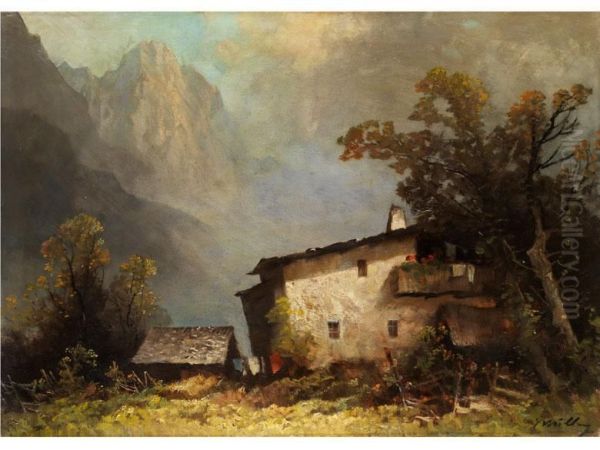 Bauernhaus Mit Balkon Und Nebengebaudehinter Baumen In Den Alpen - view 1