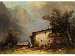 Bauernhaus Mit Balkon Und Nebengebaudehinter Baumen In Den Alpen by Oskar Mulley