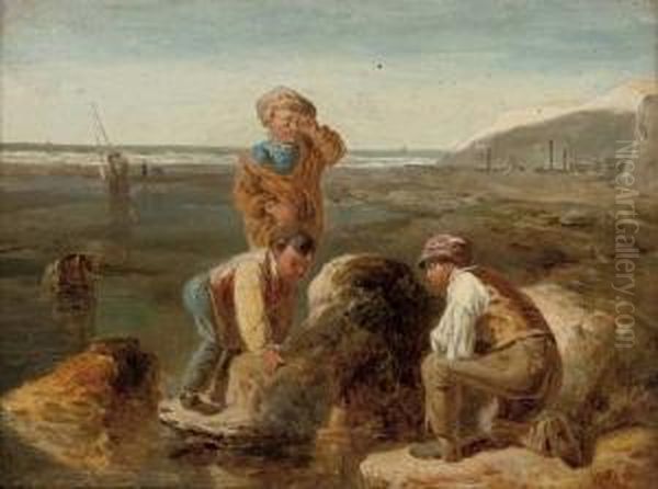 Three Boys Sailing A Toy Boat In A Rock Pool - view 1