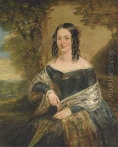 Portrait Of A Lady, 
Three-quarter Length, Seated, In A Blue Dresswith A Patterned Shawl And 
Parasol, A Floral Brooch On Her Chest,in A Landscape