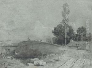 A Shepherd With His Flock On A Track, A River Beyond A Shepherd With His Flock On A Track, A River Beyond