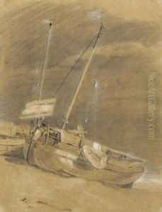 A Beached Fishing Vessel At Low Tide by William Mulready