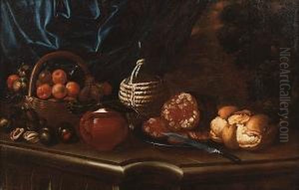 Peaches, Figs And Apples In A
Basket, An Earthenware Jar, Salame On A Pewter Plate With A Knife, A
Bottle And Bread On A Stone Ledge, A View To A Landscape Beyond - view 1