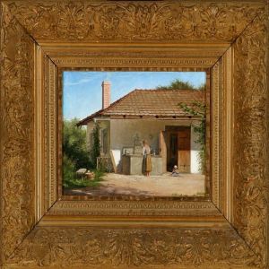 Mother And Child In Front Of A Cottage In The South by Emilie Mundt