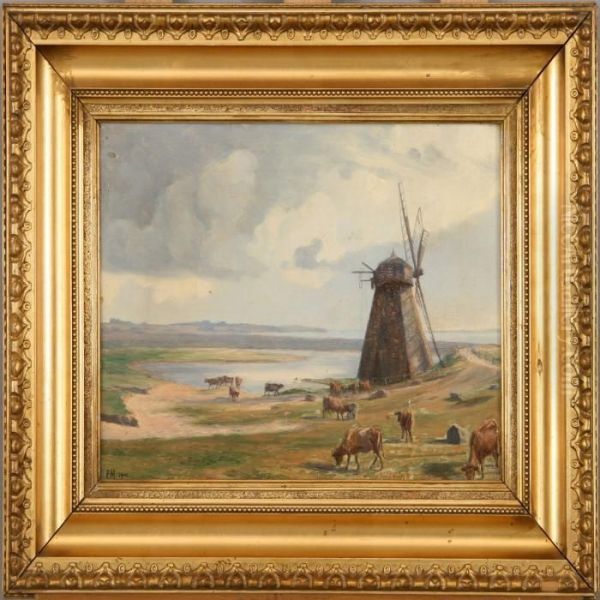 Landscape With Grazing Cows By A Mill. Signed Em 1901 - view 1