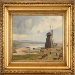 Landscape With Grazing Cows By A Mill. Signed Em 1901 by Emilie Mundt