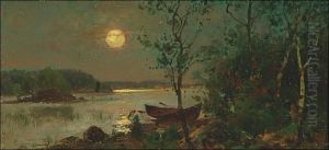 Lake Shore In Moonlight by Hjalmar (Magnus) Munsterhjelm