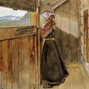 A Young Girl Looking Out Of A Cabin In Hallingdal A Young Girl Looking Out Of A Cabin In Hallingdal