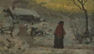 A Winter Scene With A Figure Walking Along Apath
