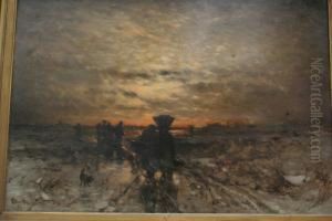 Arbeiders Terugkerend Van Winters Veld Bij Avond