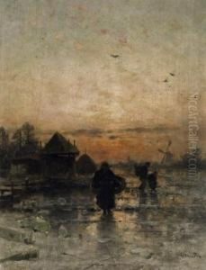 Winter Evening In Holland.
Farmers Returning Home On A Snowy Road. Signed Bottom Right: L. Munthe by Ludwig Munthe
