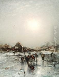 Boys On A Frozen Lake With A Village In The Background