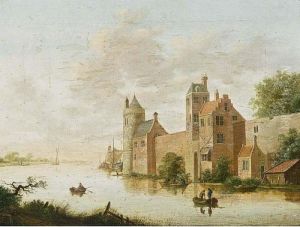 A River Landscape With Figures In Boats Near The Walls Of A Town by Emmanuel Murant