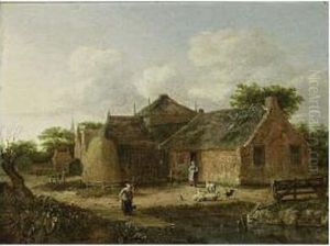 Two Women, Some Sheep And A Rooster Near A Pond In The Courtyard Of A Farmhouse