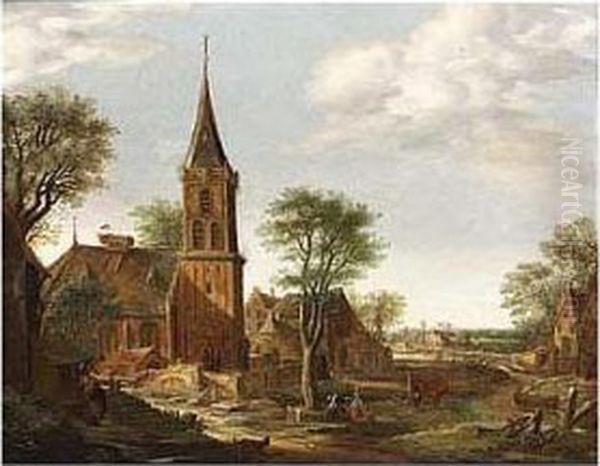 A Village Scene With Figures Near A Church Bears Murant Monogram Lower Left - view 1