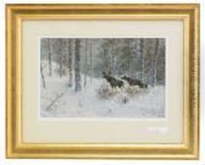 Winter Landscape With A Family Of Moose by Wladimir Leonidovich Murawjoff
