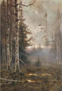 Forest At Dawn With Ducks In Flight by Wladimir Leonidovich Murawjoff