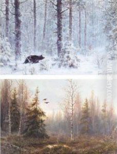 Three Hunting Scenes: Shooting Ducks; Bear Hunt In Winter, And Gamebirds In Flight by Wladimir Leonidovich Murawjoff