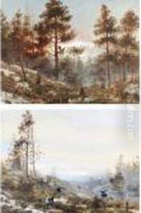 A Pair Of Hunting Scenes With Capercaille by Wladimir Leonidovich Murawjoff