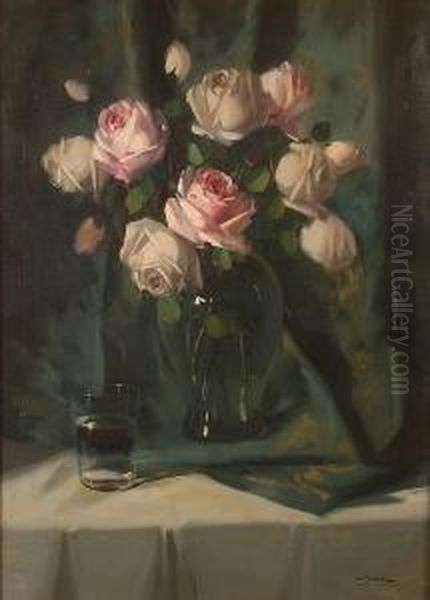 A Still Life Of Pink Roses In Glass Vase - view 1