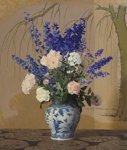 A Still Life With Delphiniums And Roses In A Blue And White Porcelain Vase by Hermann Dudley Murphy