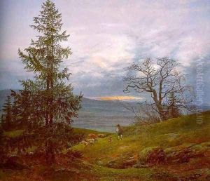 Evening Landscape with Shepherd 1822 by Johan Christian Clausen Dahl