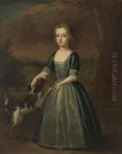 Portrait Of Miss Cresset, 
Standing, Full-length, In A Blue Dress With Lace Apron, A Spaniel At Her
 Side, In A Landscape
