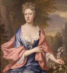 Portrait Of A Lady, Half-length,
 In A Blue Dress With A Salmon Pink Wrap, Picking A Flower, A View To 
Palace Garden Beyond