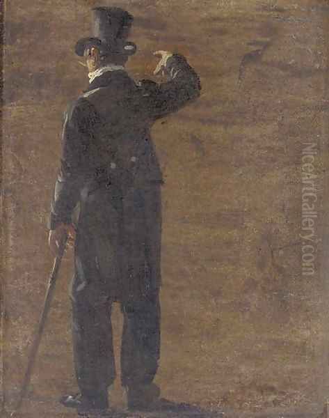 A figure in a morning coat and top hat, seen from behind - view 1
