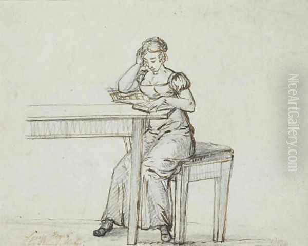 Louise Heger at a table reading a book - view 1
