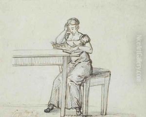 Louise Heger at a table reading a book by Johan Christian Clausen Dahl