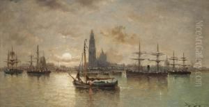 Zeilboten Voor De Rede Van Antwerpenbij Maanlicht by Auguste Henri Musin