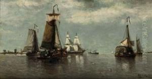 Barges On A River by Auguste Henri Musin