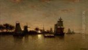 Segelboote Vor Uferlandschaft Bei Sonnenuntergang Segelboote Vor Uferlandschaft Bei Sonnenuntergang