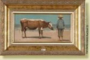 Fermier Et Sa Vache Sur Laplage by Auguste Henri Musin