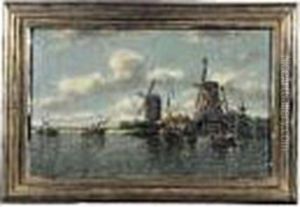 Moulins En Hollande En Bord De Mer by Auguste Henri Musin