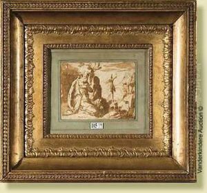 Saintjerome En Priere, Plume, 
Encre Brune Et Lavis Sur Papier Colle Enplein Sur Un Montage Avec 
Encadrement De Papier Bleu by Girolamo Muziano