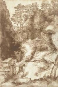 A Rocky Gorge With A Mill by Girolamo Muziano