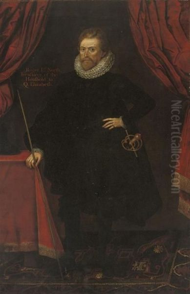 Portrait Of Roger, 2nd Lord 
North (d.1600), Full-length, In A Blackcoat And Breeches, A Baton In His
 Right Hand, By A Drapedtable - view 1