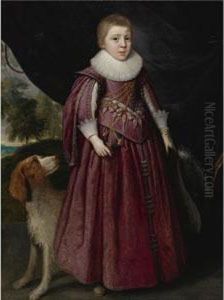 Portrait Of A Young Boy, 
Standing Full-length, In A Maroon Dress And A White Ruff, Holding A 
Plumed Hat In His Left Hand, With A Spaniel