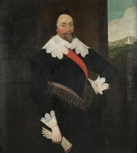 Portrait Of A Gentleman,
Traditionally Identified As Oliver St. John, 1st Earl Of Bolingbroke
(1580(?)-1646), Standing Three-quarter-length, In A Black Doublet With A
Red Sash And A Lace Collar And Cuffs, Holding A Glove In His Right
Hand, A View by Daniel Mytens