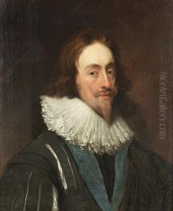 Portrait Of Charles I, 
Bust-length, In A Slashed Dark Blue Tunic, Ruff And The Ribbon Of The 
Order Of The Garter by Daniel Mytens