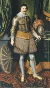 Portrait Of Frederik Hendrik,
Prince Of Orange (1584-1647),full-length, In Armour With His Plumed
Helmet And Shield By Hisside by Daniel Mytens