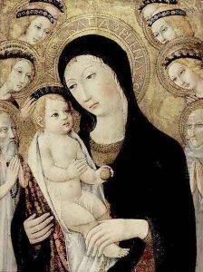 Madonna and Child with Sts Anthony Abbott and Bernardino of Siena c. 1450 by Sano Di Pietro